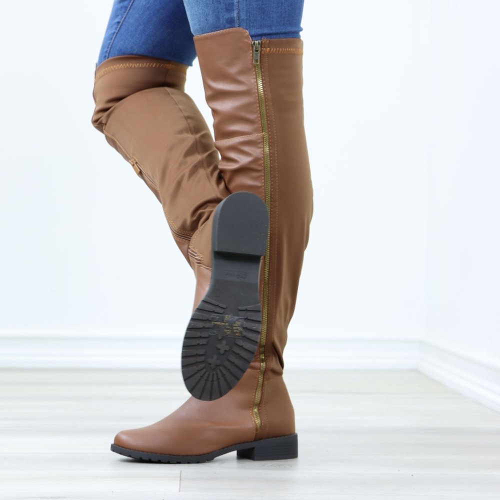 Tan Thigh High Over The Knee Faux Leather & Stretchy Material Low Heel Boot_15